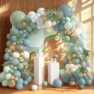 170pcs Blue Gray Gold Green Balloon Garland Kit, Mist Blue and Moss Green Balloons for Wedding, Bridal Shower, Birthday, Christmas Decor