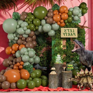 106pcs Dinosaur Balloon Garland Arch Kit, Brown, Orange, Sage Green Latex Balloons for Jungle Theme Baby Shower, Birthday Party Decoration