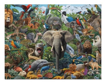 May include: A detailed jigsaw puzzle depicting a jungle scene with numerous animals. The image includes an elephant, lions, and various birds. The puzzle is filled with vibrant colours and intricate details.