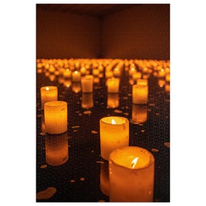 May include: A low-angle shot of numerous lit candles, creating a warm, inviting ambiance. The candles are cylindrical, with a soft, yellow glow emanating from the flames. The dark surface reflects the candle light, enhancing the overall effect.