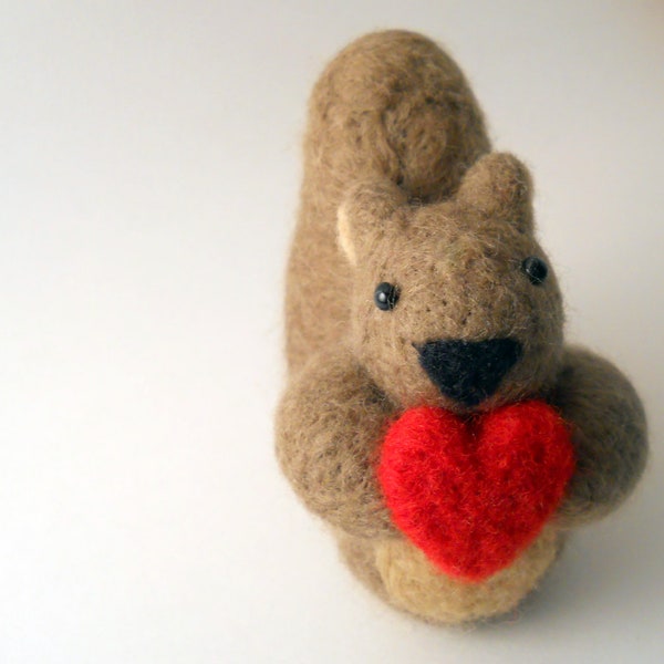 Squirrel Holding Heart - Felted Animal Miniature - Felted Squirrel, Needle Felted Squirrel, Squirrel Figurine