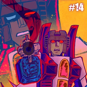 May include: Comic book cover featuring a robot character from the Transformers franchise, holding a weapon. The title "Transformers" and issue number "#14" are displayed. The artwork is in a vibrant, comic book style with bold colors.