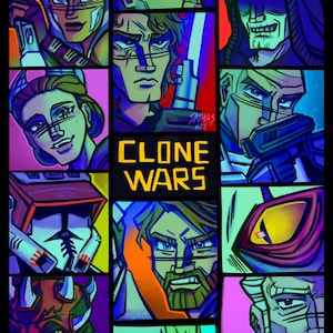 Peut inclure: Illustration stylisée et vibrante avec des personnages de "Clone Wars". L'œuvre est divisée en panneaux, présentant divers personnages avec des couleurs vives et des poses dynamiques. Le titre "Clone Wars" est affiché en jaune.