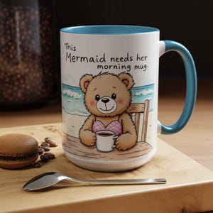 Mermaid Teddy Bear Coffee Mug: Teal Beach Design, 15 oz