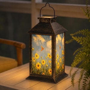 May include: A solar-powered outdoor lantern with a black metal frame and a handle. The lantern's panels feature a painting of sunflowers, blue sky, and birds. The lantern is sitting on a wooden table.