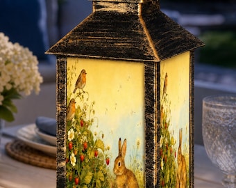 Strawberry Meadow Solar Lantern, Bunny Garden Decor, Rabbit Lantern, Cottage Garden Decor, Botanical Porch Light, Nature Lover Gift