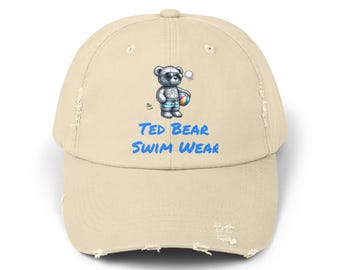 Distressed Cotton Ball Cap: Teddy Bear Beach Design Ted Bear