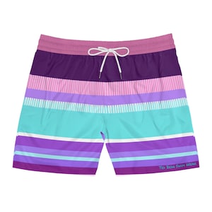 Retro Striped Swim Shorts: 80s Style Raspberry Purple Aqua