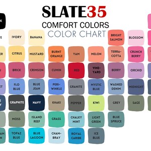 May include: A colour chart labelled "SLATE35 COMFORT COLOURS" displaying numerous colour swatches. Each swatch is labelled with a colour name, such as "Black", "White", "Ivory", "Banana", "Peony", and "Denim".