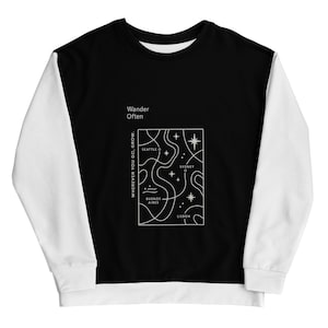 Sweat-shirt avec carte de voyage minimaliste - Col rond avec citations fréquentes - T-shirt graphique esthétique aventure - Pull de voyage unisexe noir et blanc
