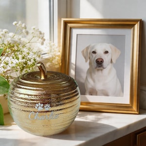 May include: A gold-coloured, apple-shaped pet urn with the name "Charlie" and paw prints. A framed portrait of a yellow Labrador Retriever is next to the urn. The urn has a textured surface and a stem.