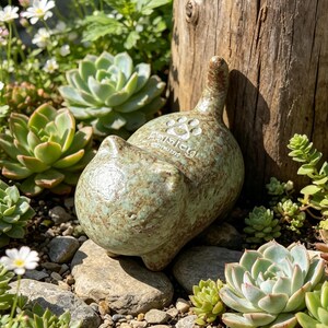May include: A green and brown ceramic cat ornament is nestled amongst succulents and stones. The cat is depicted in a relaxed posture, with its tail curved upwards. The word "Paisley" and a paw print design are on the cat's back.