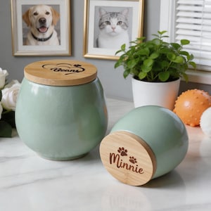Premium Pet Urn Combo Set, Handmade Matte Green Pottery Urns for Dog Cat Ashes & Fur, Engraved Pet Memorial Gift, Pet Loss Anniversary Gift