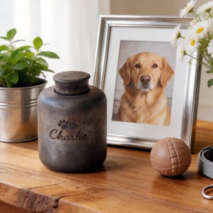 May include: A dark brown pet urn with the name "Charlie" and paw prints engraved. A framed photo of a golden retriever, a dog toy, and a plant in a metal pot are on a wooden surface.
