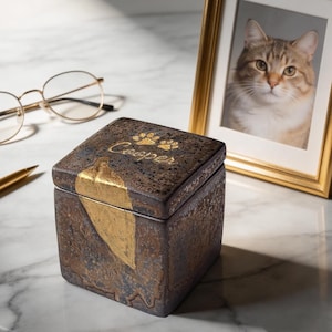 May include: Square pet urn with a textured brown finish and gold leaf accents. The lid is inscribed with the name "Cooper" and paw prints. A framed photo of a cat is in the background.