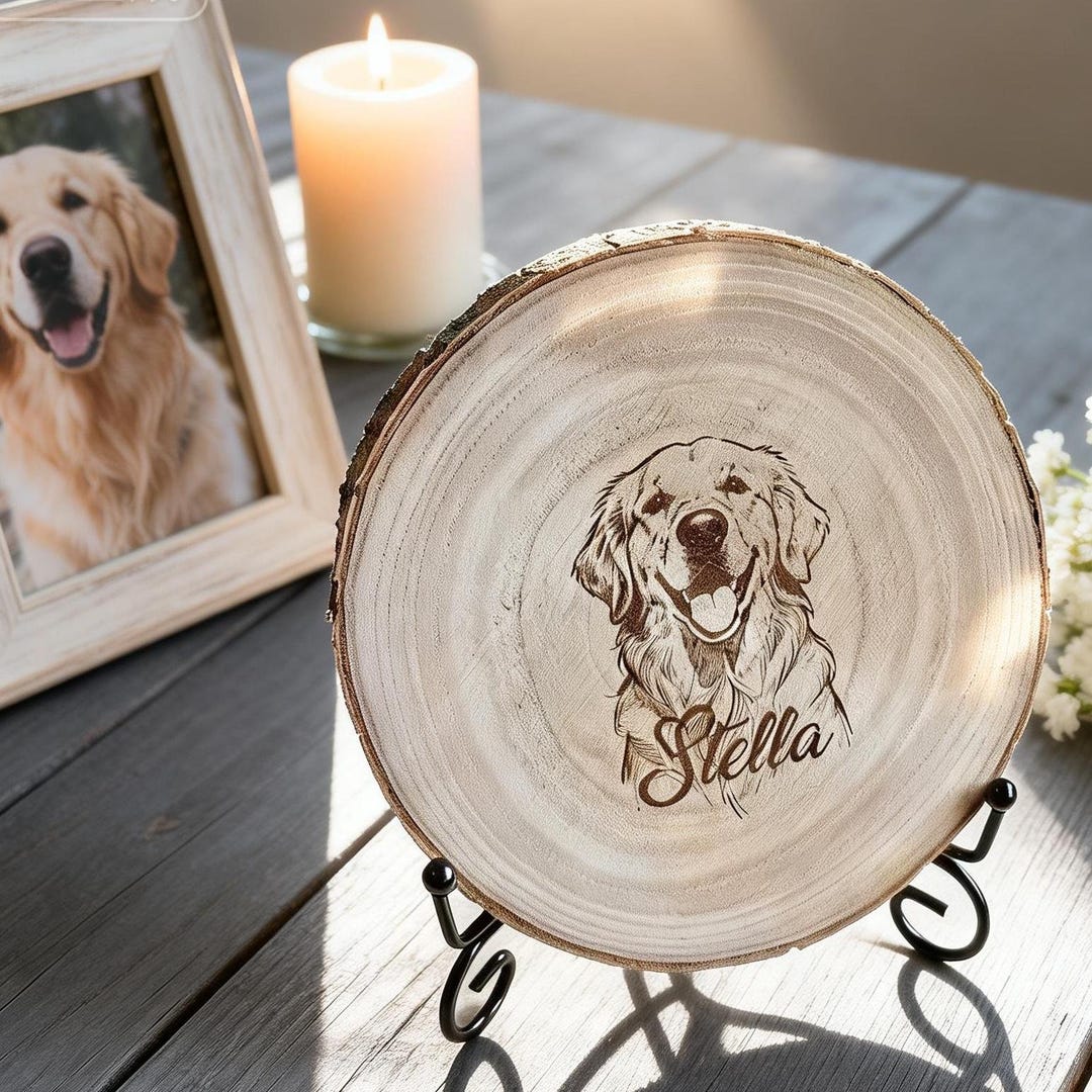 Custom Pet Portrait Plate, Engraved Live-edge Wood Slab, Wooden Pet ...