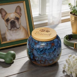 May include: A blue and brown ceramic pet urn with a bamboo lid. The lid is engraved with paw prints and the name "Biscuit". A framed photo of a dog, a green dog bone, and a green collar are also in the image.
