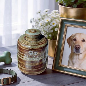 May include: A cylindrical ceramic pet urn with a speckled green and brown glaze, featuring a lid and the engraved name Buddy below two paw prints. The urn is positioned next to a green picture frame containing a photo of a yellow Labrador retriever.