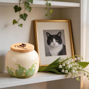 Handmade Ceramic Pet Urn, Lily of Valley Custom Name Pottery Ashes Keepsake Jar for Small Dog Cat, Fur Memorial Pot, Pet Loss Sympathy Gift