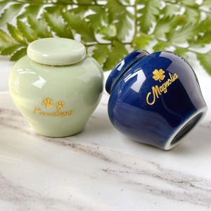 May include: Two ceramic urns, one light green with a lid and the name "Penelope" in gold script, and the other a deep blue with the name "Magnolia" and a gold four-leaf clover. The urns are designed for keepsakes.
