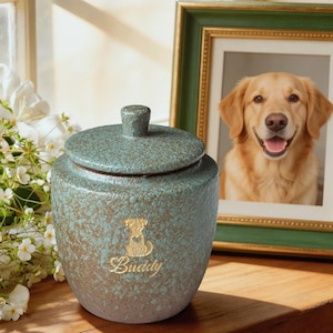 Vintage Pet Cremation Urn, Handcrafted Ceramic Ashes Container, Rustic Pottery Pet Name Memorial Jar, Dog Cat Fur Keepsake-Pet Sympathy Gift