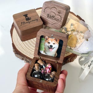 Mini Walnut Pet Memorial Box, Dog Cat Hair Glass Vial-Custom Name Wood Ash Box with Pet Photo-Cremation Urn Rainbow Bridge Memorial Keepsake