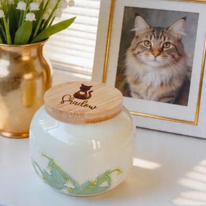Handmade Ceramic Pet Urn, Lily of Valley Custom Name Pottery Ashes Keepsake Jar for Small Dog Cat, Fur Memorial Pot, Pet Loss Sympathy Gift