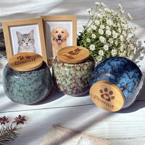 Custom Pet Memorial Urn, Reactive Glaze Ceramic Cremation Jar, Small Dog Cat Pottery Keepsake for Fur Teeth Ashes, Engraved Pet Loss Gift