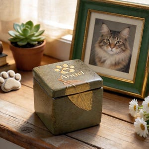 Puede incluir: Una urna para mascotas cuadrada, verde oliva, con un diseño de huella dorada y la palabra "Angel". Un retrato de gato enmarcado y una pequeña planta suculenta están en el fondo. Un objeto decorativo en forma de pata está a la izquierda.