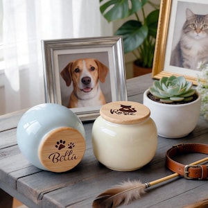 May include: Two pet memorial urns, one light blue and one cream-colored, with wooden lids. The blue urn has paw prints and the name "Bella" engraved. The cream urn has the name "Rosie" engraved. A framed dog photo and a framed cat photo are in the background.