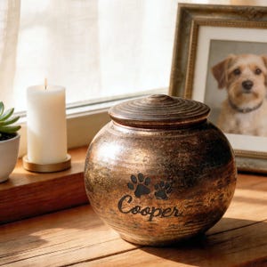Tiny Pet Cremation Urn, Antique Gold Rust Pottery Dog Cat Urn, Custom Engraved Ashes Jar,  Small Animal Fur Keepsake, Vintage Memorial Decor