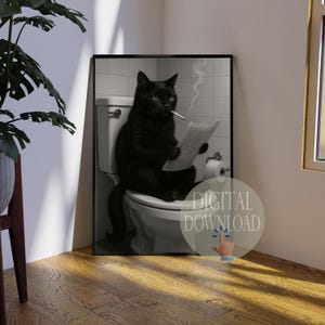 Black Cat Sitting on the Toilet Reading a Newspaper, Funny Bathroom Wall Decor, Funny Animal Print, Maximalist Wall Art, DIGITAL DOWNLOAD 48