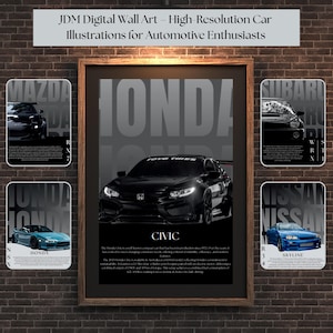 May include: Framed wall art featuring a black Honda Civic with "TOYO TIRES" on the hood. The artwork is surrounded by smaller prints of other JDM cars, including a Mazda, Subaru, and Nissan. The text "JDM Digital Wall Art" is at the top.