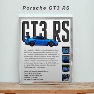 May include: Framed print featuring a blue Porsche GT3 RS sports car. The image includes the text "Porsche GT3 RS" at the top and "GT3 RS" in large letters. Additional text provides details about the car's engine and performance.