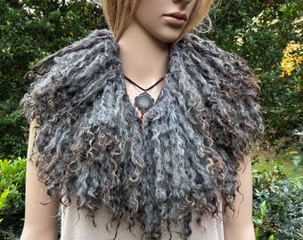 Hand Felted Wool Collar Scarf Curly Gray Fleece Shoulder Wrap One Of A Kind Accessory