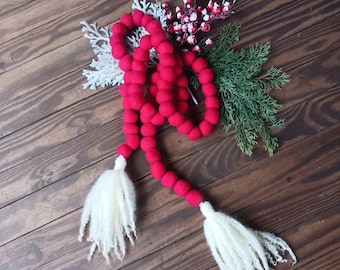 Christmas garland swag banner red or black felted balls with ivory wool tassels