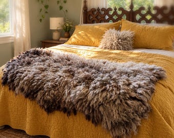 Handmade Felted Wool Rug: Natural Shaggy Grey, Charcoal, Taupe Sheep Fleece Reilly