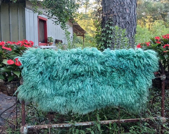 Featured listing image: HOLD/RESERVE Felted fleece Hand made natural sheepskin rug throw sheep friendly rug throw Turquoise