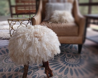 RESERVED/HOLD Handmade Longwool felted sheep fleece Footstool, Reclaimed Wood Ottoman, Rustic Farmhouse Stool
