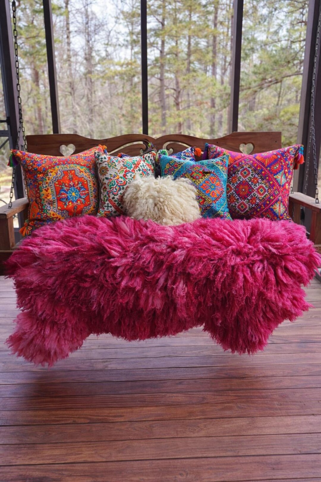 Raspberry Throw Rug Hand Dyed Felted Fleece Rug Curly Wool Throw Raspberry Pink Luxury Wool ...