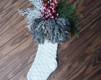 Knit Christmas stocking with hand made felted wool "fur" cuff