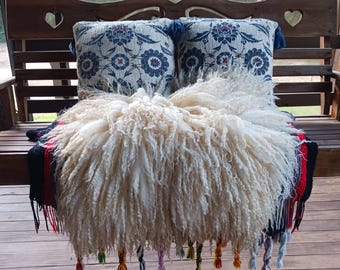 Shaggy Felted Fleece or Pillow Handmade Chair Cover Long Lock wavy Sheepskin Decor