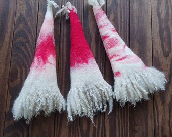Bottle bag topper felted wool red and white fringe