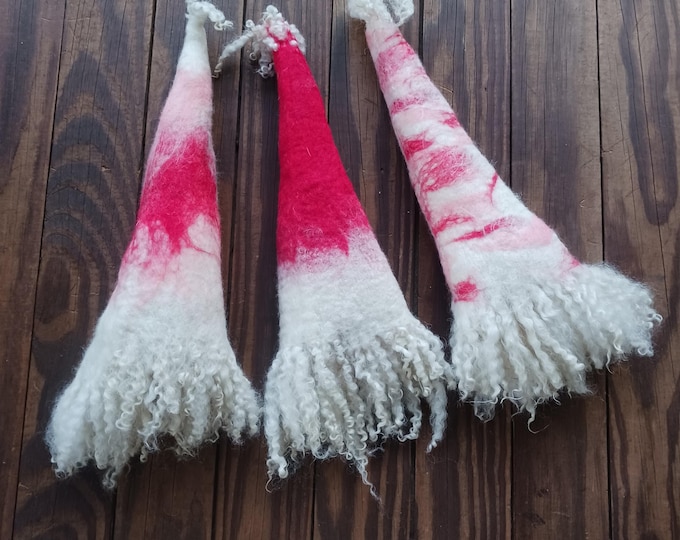 Featured listing image: Bottle bag topper felted wool red and white fringe
