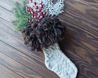 Knit Christmas stocking with hand made felted wool "fur" cuff