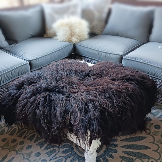 Handmade Felted Sheep Fleece Throw | Curly Wool Sheepskin Chair Cover | Natural Brown Wool Decor