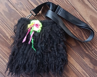 shaggy black purse crossbody bag hand made felted wool