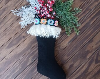 Hand made Christmas stocking black wool felt with crochet boho and "fur" trim