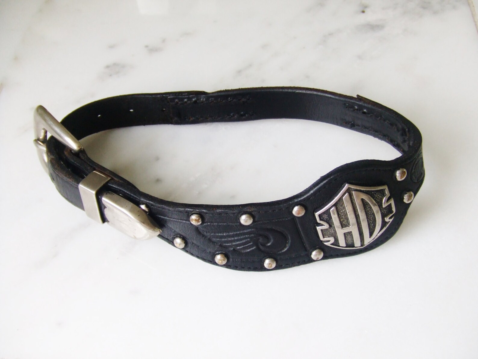 Harley Davidson Black Leather Dog Collar Bandana Style Vintage Etsy