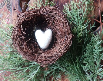 Hand made felted wool heart winter white
